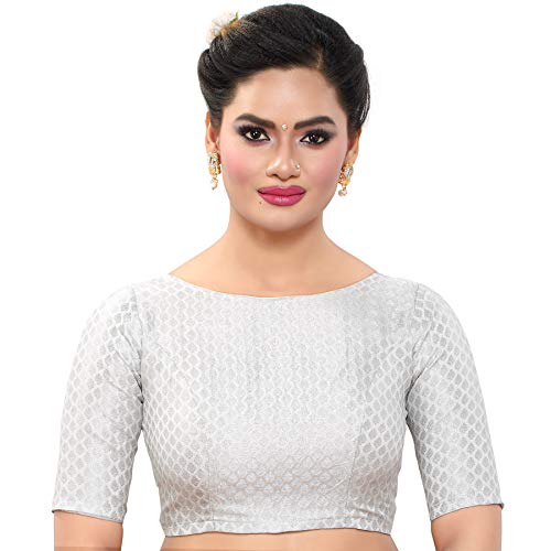Madhu Fashion Damen Brokat Ellenbogenlange Ärmel Fertig Saree Bluse, silber, 42 von Madhu Fashion