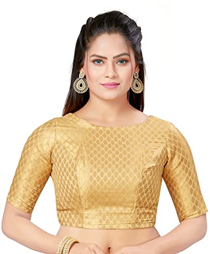 Madhu Fashion Damen Golden Banaras Saree-Bluse aus Brokat mit ellbogenlangen Ärmeln und U-Boot-Ausschnitt (Gold, 32), Goldfarben, 40 von Madhu Fashion