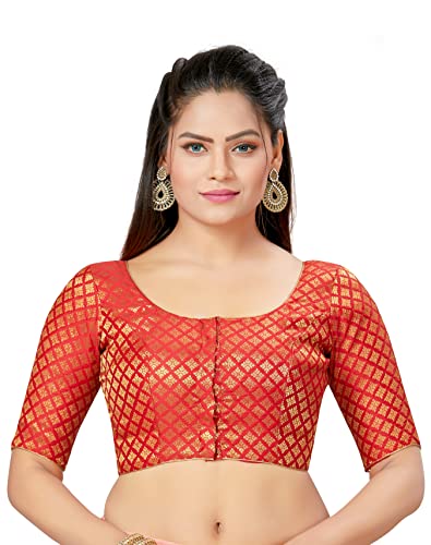Madhu Fashion Damen Polyester-Brokat Readymade Saree Bluse mit ellbogenlangen Ärmeln, Rot/Ausflug, einfarbig (Getaway Solids), 44 von Madhu Fashion