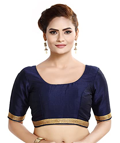 Madhu Fashion Damen Rohseide Ellenbogen Länge Ärmel Readymade Saree Bluse, Marineblau, 42 von Madhu Fashion