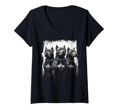 Damen American Pitbull Terrier Schwarze und weiße Hundeliebhaber T-Shirt mit V-Ausschnitt von Madine.Design