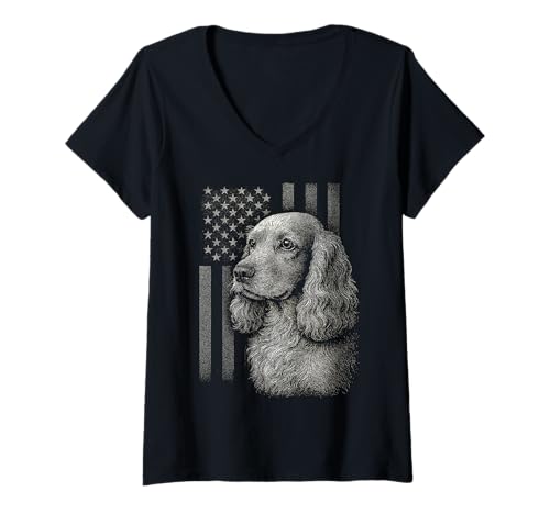 Damen Cocker Spaniel Amerikanische Flagge 4. Juli Patriotische Hundeliebe T-Shirt mit V-Ausschnitt von Madine.Design