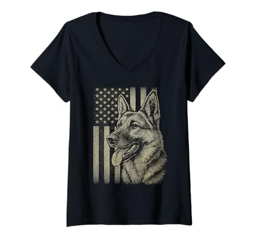 Damen Deutscher Schäferhund Amerikanische Flagge 4. Juli Patriotische Hundeliebe T-Shirt mit V-Ausschnitt von Madine.Design