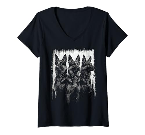 Damen Deutscher Schäferhund schwarz-weiß Hundeliebhaber T-Shirt mit V-Ausschnitt von Madine.Design