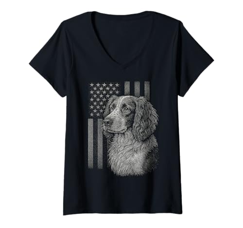 Damen Englische Springer Spaniel, amerikanische Flagge, 4. Juli, patriotisch T-Shirt mit V-Ausschnitt von Madine.Design