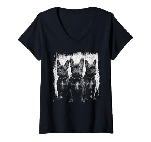 Damen Französische Bulldogge Schwarz und Weiß Hundeliebhaber T-Shirt mit V-Ausschnitt von Madine.Design