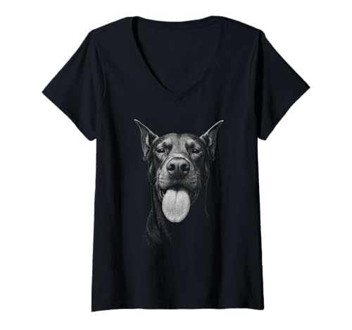 Damen Lustiger Dobermann Hund Zunge heraus schwarz und weiß T-Shirt mit V-Ausschnitt von Madine.Design