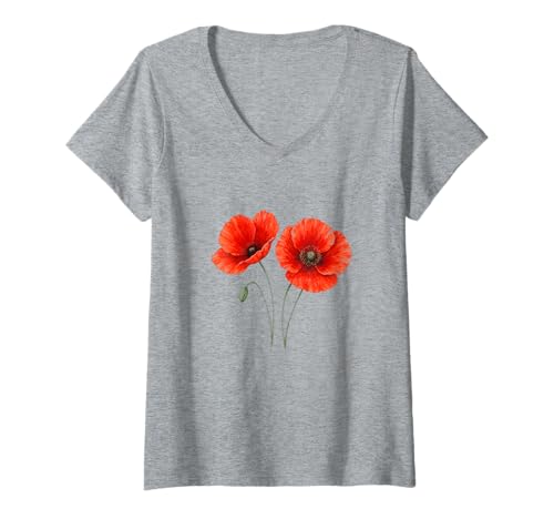 Damen Mohnblumen Rote Mohnblume Natur Botanische Kunst T-Shirt mit V-Ausschnitt von Madine.Design