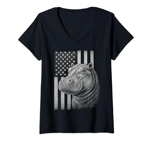 Damen Nilpferd Amerikanische Flagge 4. Juli Patriotisches Nilpferd Liebe T-Shirt mit V-Ausschnitt von Madine.Design