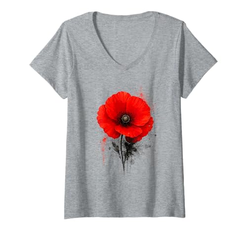 Damen Rote Mohnblume Textkunst abstrakte Grafik T-Shirt mit V-Ausschnitt von Madine.Design