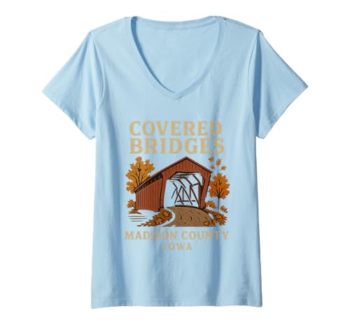 Damen Madison Bridges Hemd Iowa mit Überdachter Brücke Herbst Retro T-Shirt mit V-Ausschnitt Damen Madison Bridges Hemd Iowa mit Überdachter Brücke Herbst Retro T-Shirt mit V-Ausschnitt von Madison Bridges Tee Shirts for Iowa Travelers
