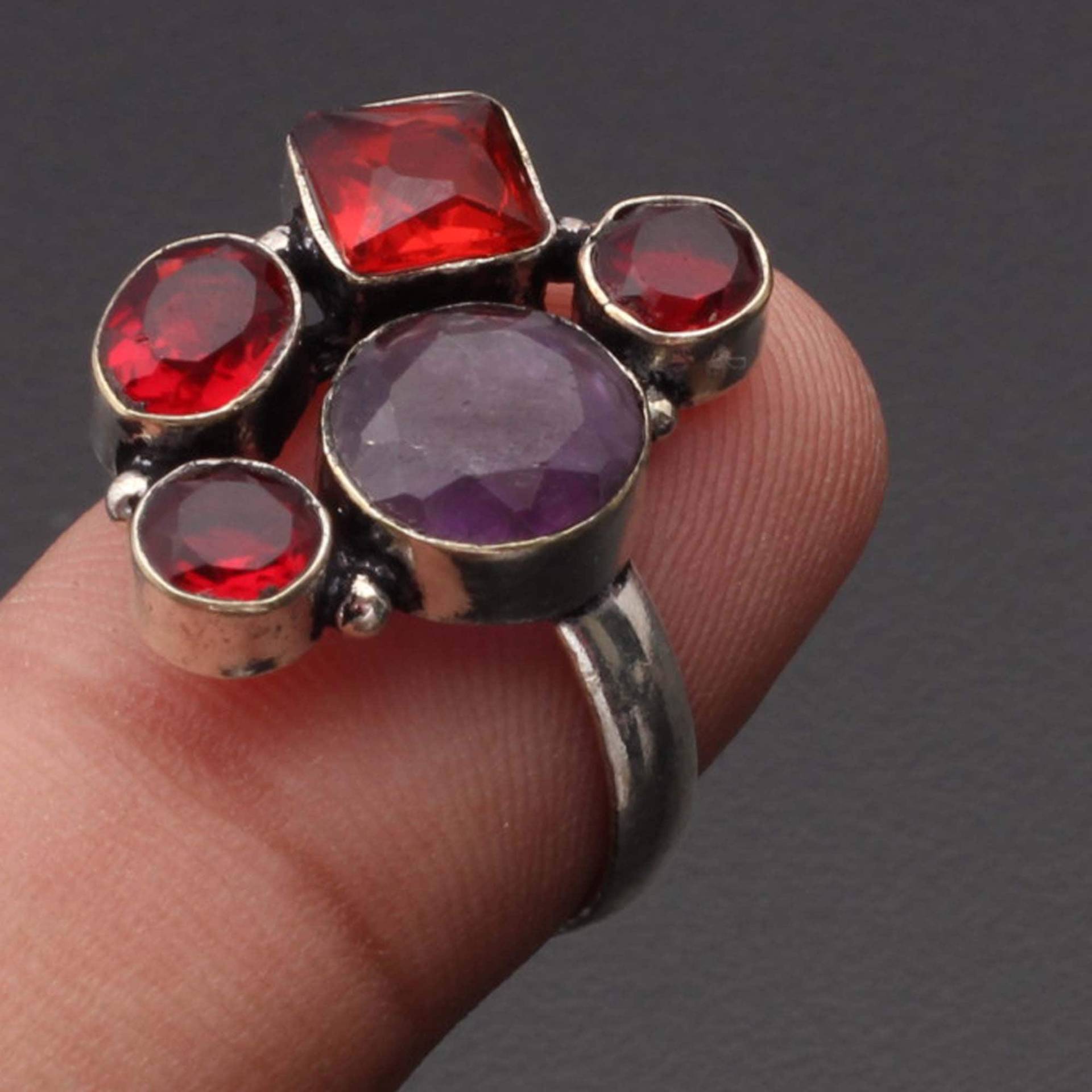 Amethyst Granat Quarz Edelstein Handgemacht Ring Geschenk Für Ihn 925 Sterling Versilbert Schmuck Sie Größe 8 Xy200 von MadonnaJewellery