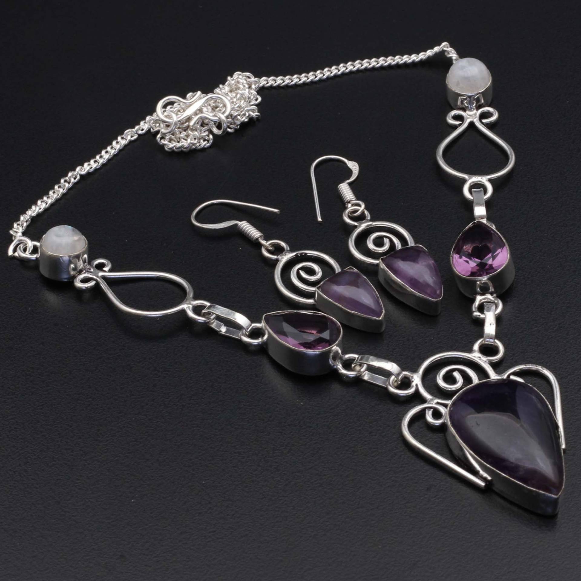 Amethyst Mondstein Halskette & Ohrringe Set Schmuck Frau Edelstein Ohrring Geschenk Für Sie Sterling Versilbert Mädchen Xy312 von MadonnaJewellery