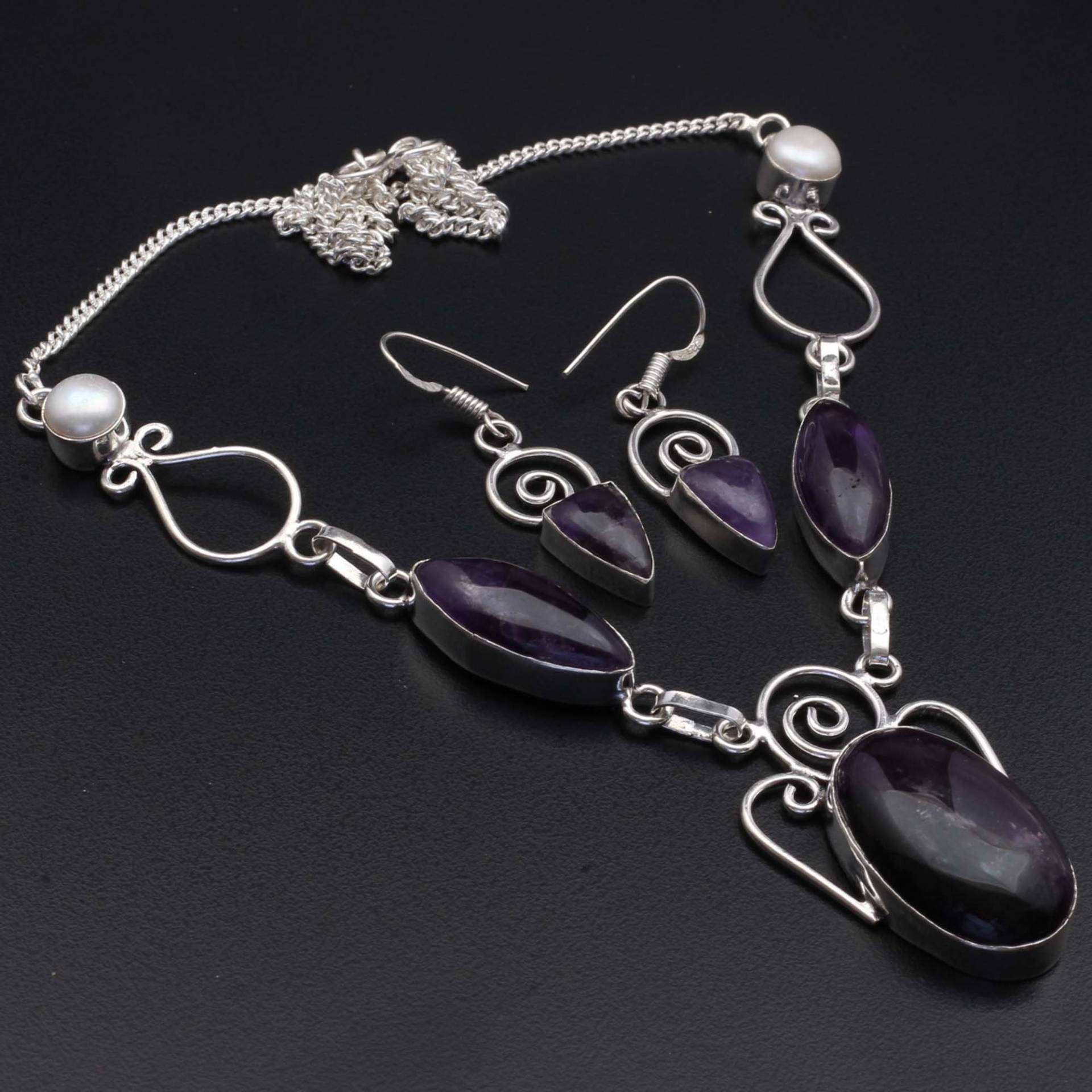 Amethyst Perlen Halskette & Ohrringe Set Schmuck Frau Edelstein Geschenk Für Sie Sterling Versilbert Mädchen Xy308 von MadonnaJewellery