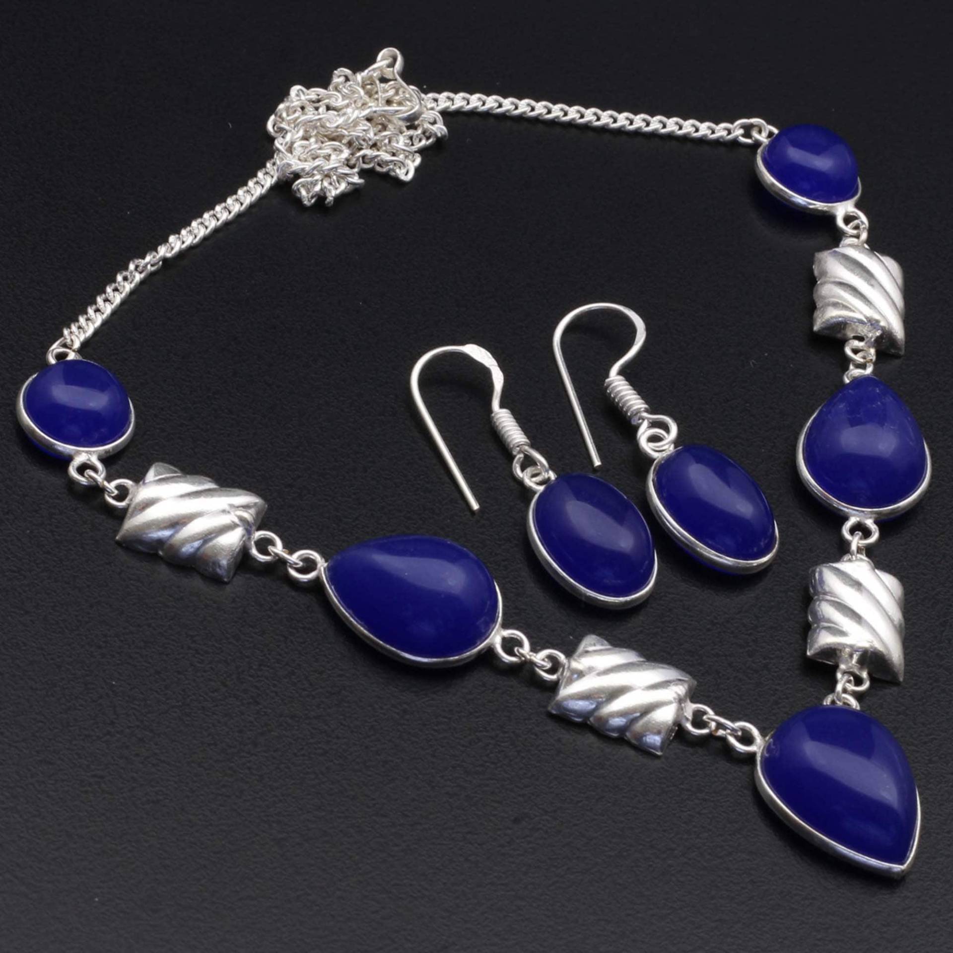 Blaue Achat Halskette & Ohrringe Set Schmuck Frau Edelstein Geschenk Für Sie Sterling Versilbert Mädchen Xy310 von MadonnaJewellery