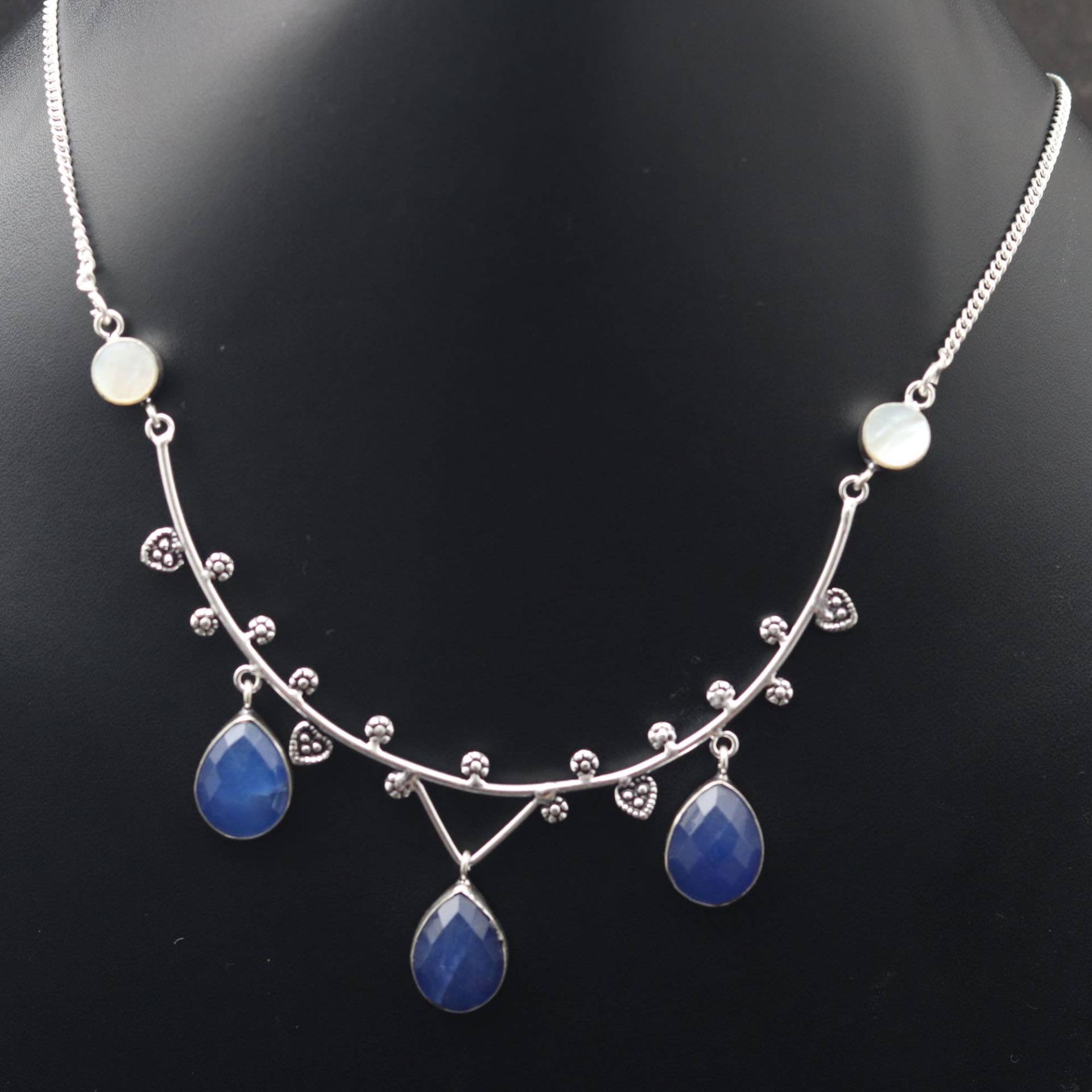 Blaue Saphir Perle Edelstein Halskette Schmuck Frau Geschenk Für Sie Sterling Versilbert Ihn Einzigartiger Stil von MadonnaJewellery