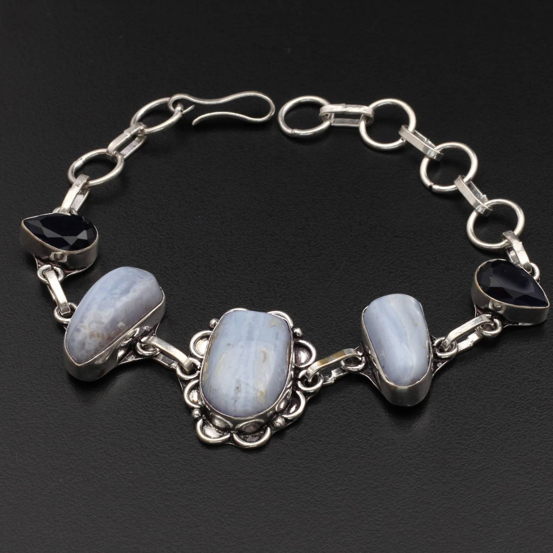 Blaue Spitze Achat Amethyst Edelstein Armband Schmuck Geschenk Für Mädchen Sie Sterling Silber Plissee Xy1445 von MadonnaJewellery