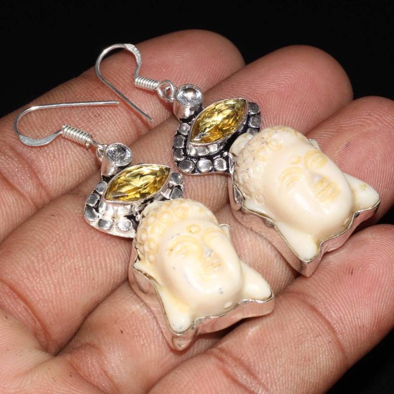 Citrin Quarz Geschnitzt Buddha Gesicht Ohrringe, Mädchen Ohrringe Schmuck Geschenk Für Ihre Sterling Silber Überzogene Frauen Xy2133 von MadonnaJewellery