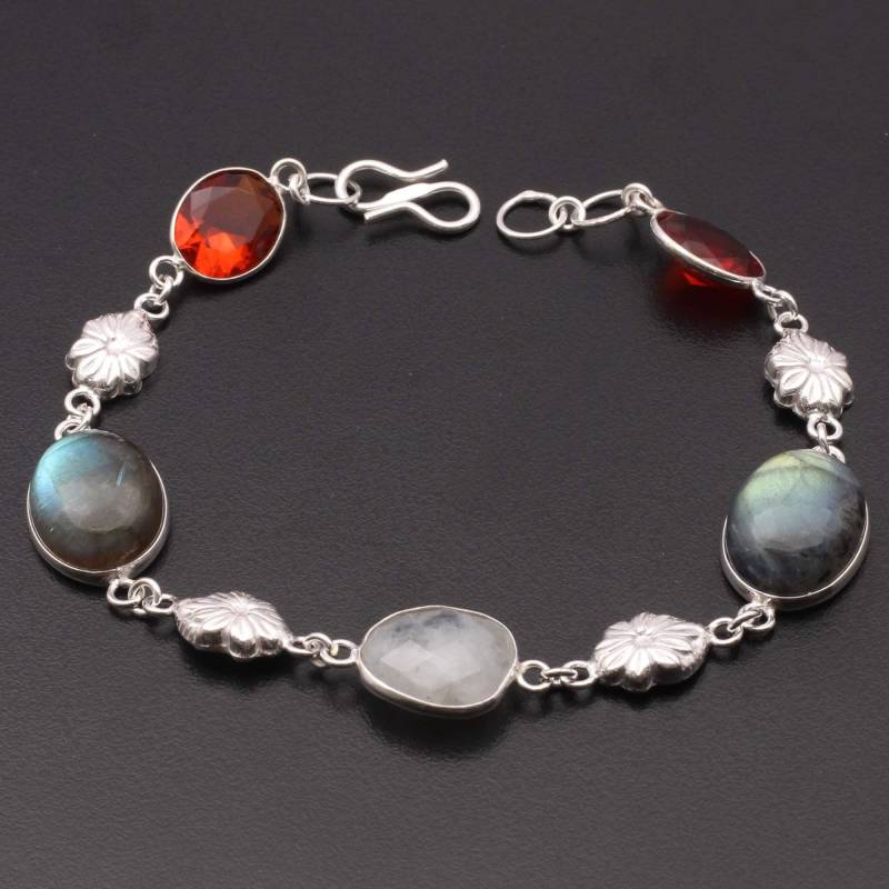 Feuer Labradorit Mondstein Granat Edelstein Armband Schmuck Geschenk Für Mädchen Sie Sterling Silber Plissee von MadonnaJewellery