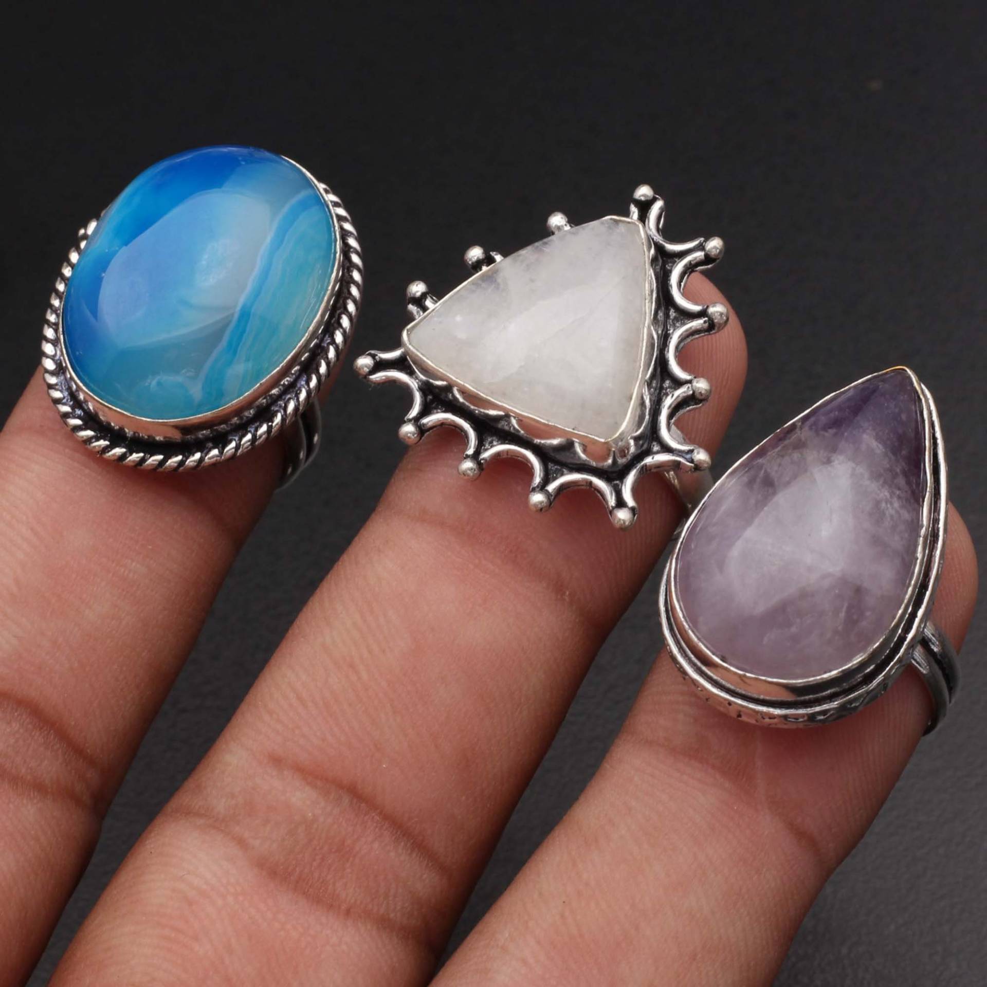 Regenbogen Mondstein Blau Spitze Onyx Amethyst 3X Viel Ring Schmuck Geschenk Für Mädchen Sterling Silber Vergoldet Sie Edelstein Xy600 von MadonnaJewellery