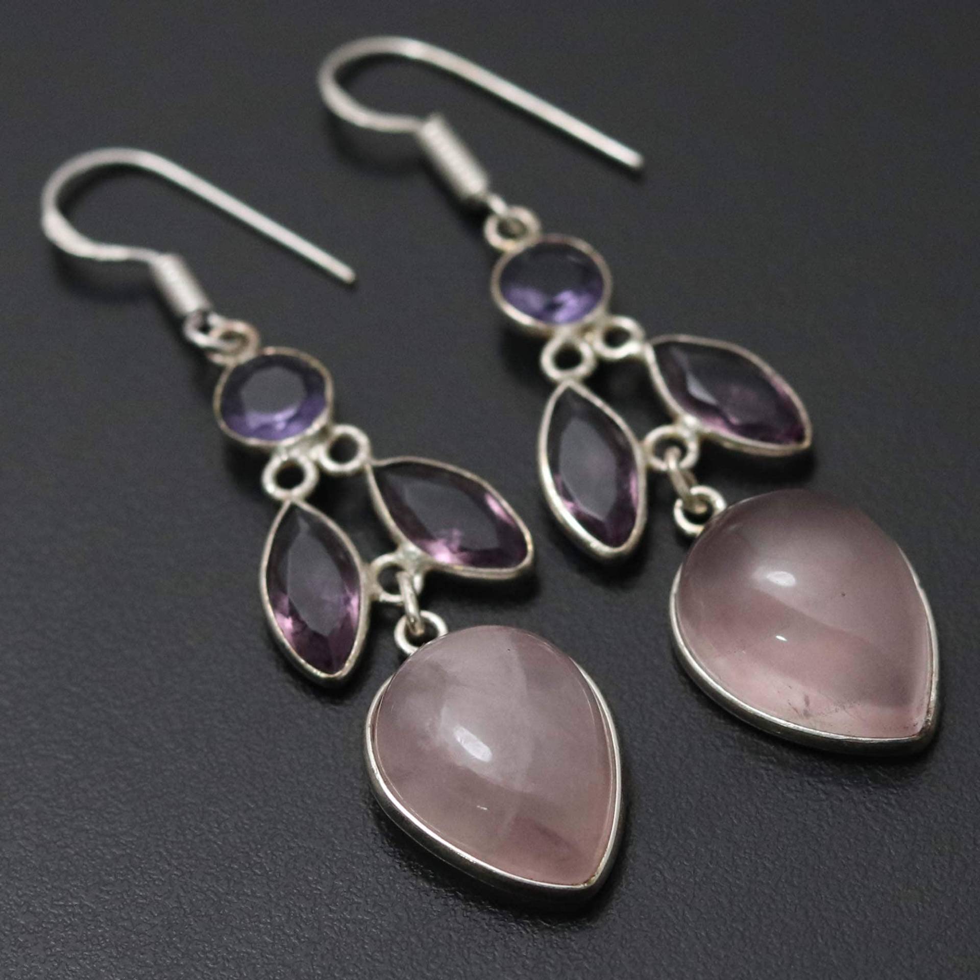 Rosenquarz Amethyst Ohrringe, Damen Edelstein Mädchen Ohrringe Schmuck Geschenk Für Sie Sterling Versilbert von MadonnaJewellery