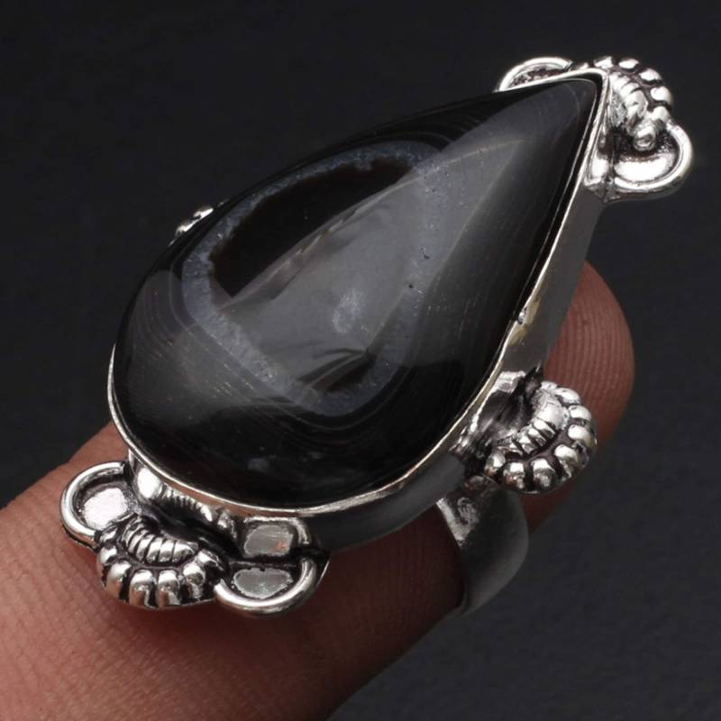 Schwarzer Onyx Druzy Ring Frau Edelstein Antik Schmuck Geschenk Für Mädchen Sterling Versilbert Sie Xy1888 von MadonnaJewellery