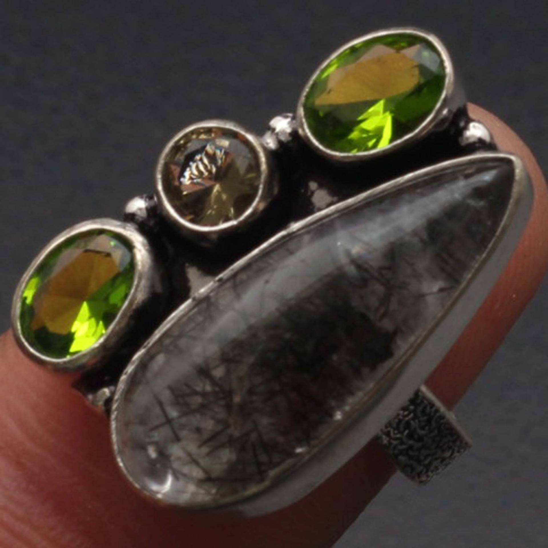 Schwarzer Rutil Peridot Quarz Edelstein Handgemacht Ring Geschenk Für Ihn 925 Sterling Versilbert Schmuck Sie Xy815 von MadonnaJewellery