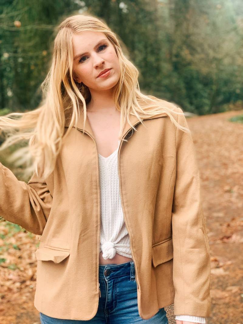 Vintage Tan Wolle Jacke/Zip Up Mantel 80Er Jahre 90Er von MadroneClothing