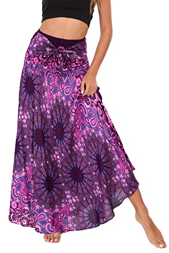 FEOYA Rock Boho Lang Damen Sommerrock Maxi Rock Hohe Elastische Taille Strand Hippie Rock Gedruckt Blumen Bohemian Strandrock Strandkleid Urlaub Rot Rock Blumenmuster Floral A Linie Sommerkleid Gypsy von Maeau