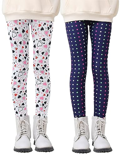 Maeau 2er Pack Leggings Gefüttert Mädchen 10 11 Jahre 160 Winter Dicke Thermo Leggings Fleece Punkte Bedruckt Lange Warme Hosen Kinder Schwarz Thermohose Baumwolle Thermoleggins Kleinkind Herbst Herz von Maeau
