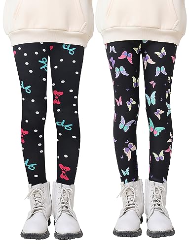 Maeau 2er Pack Leggings Gefüttert Mädchen 5 6 Jahre 120 Winter Dicke Thermo Leggings Schmetterling Punkte Fleece Lange Warme Hosen Kinder Schwarz Thermohose Baumwolle Bedruckte Thermoleggins Herbst von Maeau