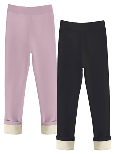 Maeau 2er Pack Leggings Gefüttert für Mädchen 8 9 Jahre 150 Winter Dicke Thermo Leggings Fleece Lange Warme Hosen Kinder Mädchen Schwarz Thermohose Baumwolle Einfarbig Thermoleggings Kleinkind Violett von Maeau