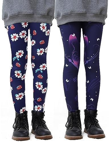 Maeau 2er Pack Leggings Gefüttert für Mädchen 8 9 Jahre 150 Winter Dicke Thermo Leggings Schmetterling Fleece Lange Warme Hosen Kinder Violett Thermohose Baumwolle Bedruckte Thermoleggins Herbst von Maeau