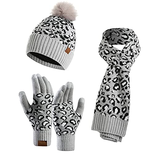 Maeau - 3 Stück Mütze, Schal und Handschuhe Set Frauen Strickmütze Elastische Quaste Schal Lange Thermo Dicke Futter Handschuhe Unisex für Herbst Winter Frühling, grau, Einheitsgröße von Maeau