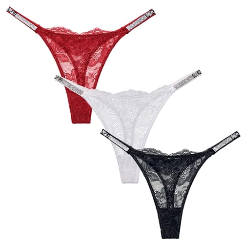 Maeau 3er Pack String Spitze Sexy Tanga Niedrig Taille Unterhosen Sparkle Strass Spitzenslips Transparent Dünn T-Hosen Mehrpack Stretch Lingerie Thong EU XS (Asie S) von Maeau