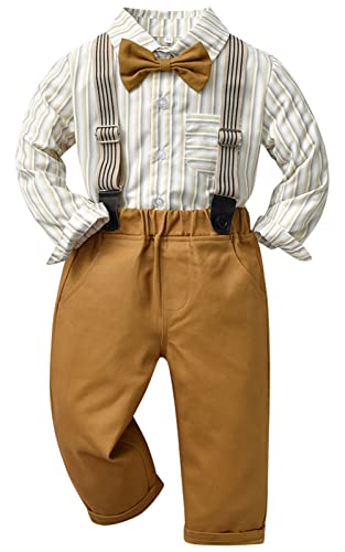 Maeau 4tlg Baby Jungen Bekleidungssets Taufbekleidung Gentleman Outfit Kinder Festlich Taufe Hochzeit Anzug Gestreiftes Hemd Kariert Langarm Hose Fliege Hosenträger Anzug Herbst Gelb 12-18 Monate von Maeau