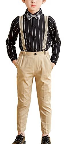 Maeau 4tlg Baby Jungen Bekleidungssets Taufbekleidung Gentleman Outfit Kinder Festlich Taufe Hochzeit Anzug Hemd Langarm Hose Kariert Fliege Hosenträger Anzug Herbst Khaki 4 Jahre - 5 Jahre 120cm von Maeau