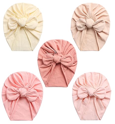 Maeau 5 Stück Turban Hüte Baby Mädchen Jungen 0-6 6-12 Monate Turban Mütze Baumwolle Knoten mit Schleifen Neugeborene Beige Beanie Hut Kleinkind 1-2 Jahre Rot Babymütze Unisex Printemps Automne Khaki von Maeau