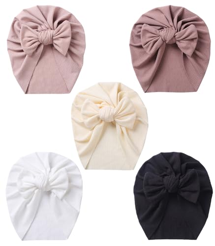 Maeau 5 Stück Turban Hüte Baby Mädchen Jungen 0-6 6-12 Monate Turban Mütze Baumwolle Knoten mit Schleifen Neugeborene Beige Beanie Hut Kleinkind 2-4 1-2 Jahre Weiß Babymütze Schwarz Printemps Automne von Maeau