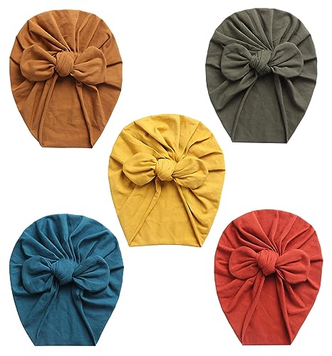 Maeau 5 Stück Turban Hüte Baby Mädchen Jungen 0-6 6-12 Monate Turban Mütze Baumwolle Knoten mit Schleifen Neugeborene Gelb Beanie Hut Kleinkind 1-2 Jahre Braun Babymütze Unisex Printemps Automne Blau von Maeau