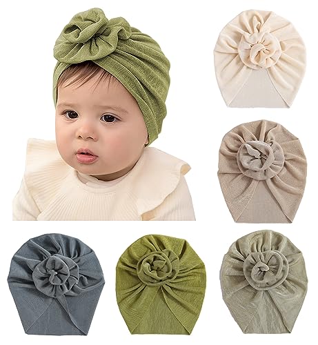 Maeau 5er Pack Turban-Hüte für Baby Mädchen & Jungen, 0-6 & 6-12 Monate, Turban-Mütze mit Schleifen, Neugeborene, Beige, Grün, Rosa, Unisex, Printemps, Automne, Stretch, Khaki von Maeau