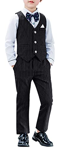 Maeau 5-Teiliges Festliches Set Kinder Jungen Anzugweste Stretch Schwarz Hosen Outfits Gentleman Anlasskleidung Krawatte Karierter Schlank Kleid Shirt Elegant Anzüge Gürtel für Hochzeits 100 3-4 Jahre von Maeau