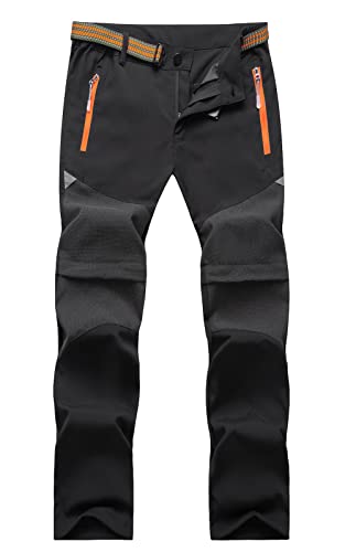 Maeau Arbeitshose Kinder Jungen Outdoorhose Zip Off Softshellhose Wanderhose Wasserdicht Trekkinghose Leicht Schnelltrocknend 2-in-1 Funktionshose mit Gürtel Frühling Sommer Herbst Schwarz 128 von Maeau