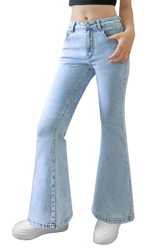 Maeau Ausgestellte Jeans Kinder Mädchen 11 12 Jahre Flared Jeans mit Gerades Weitem Bein Jeanshose Baggy Slim Teenager Jean Elastischer Bund Hellblau Bootcut Denim Hose Schlaghose Lang Vintage Lässig von Maeau