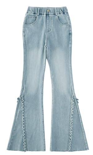 Maeau Ausgestellte Jeans Kinder Mädchen 12 13 Jahre Flared Jeans mit Gerades Weitem Bein Jeanshose Baggy Slim Teenager Jean Elastischer Bund Hellblau Bootcut Denim Hose Schlaghose Lang Vintage Lässig von Maeau