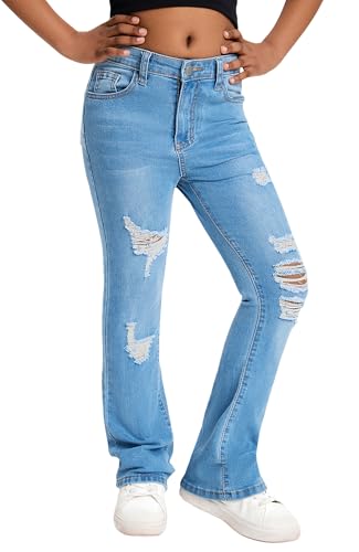 Maeau Ausgestellte Jeans Kinder Mädchen 13 14 Jahre Flared Zerrissene Jeans mit Gerades Weitem Bein Jeanshose Slim Teenager Jean Elastischer Bund Schatzblau Bootcut Denim Hose Schlaghose Lang Lässig von Maeau