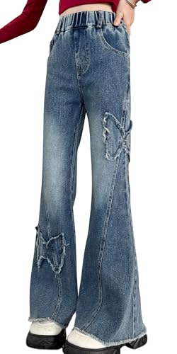 Maeau Ausgestellte Jeans Mädchen 10 11 Jahre Flared Jeans mit Weitem Bein Jeanshose Teenager Kinder Mädchen Baggy Slim Jeans Elastischer Bund Blau Bootcut Denim Hose Gerades Bein Schlaghose Lang 150 von Maeau