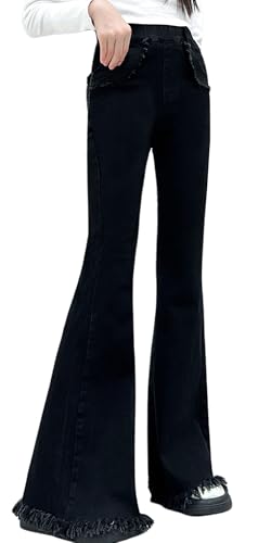 Maeau Ausgestellte Jeans Mädchen 10 11 Jahre Flared Jeans mit Weitem Bein Jeanshose Teenager Kinder Mädchen Slim Jeans Elastischer Bund Schwarz Bootcut Denim Hose Gerades Bein Schlaghose Lang 150 von Maeau