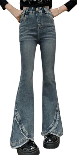 Maeau Ausgestellte Jeans Mädchen 13 14 Jahre Flared Jeans mit Weitem Bein Jeanshose Teenager Kinder Mädchen Baggy Slim Jeans Elastischer Bund Blau Bootcut Denim Hose Gerades Bein Schlaghose Lang 170 von Maeau