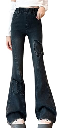 Maeau Ausgestellte Jeans Mädchen 13 14 Jahre Flared Jeans mit Weitem Bein Jeanshose Teenager Kinder Mädchen Slim Jeans Elastischer Bund Schwarz Bootcut Denim Hose Gerades Bein Schlaghose Lang 170 von Maeau